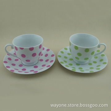 180cc Tea Cup and Saucer Set, Elegant Shape, Super White, Pink/Green Dot Decal, for Promotions